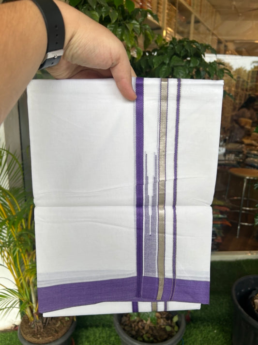 20% Discount ! Kaitharikada Balaramapuram 100% Cotton PURE WHITE Double Mundu/Dothi - 100x80 - 1.5 inch Silver Kasavu & Violet Striped chutty kara - 36KK5183VIN