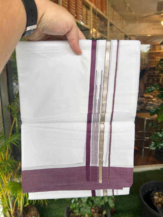 20% Discount ! Kaitharikada Balaramapuram 100% Cotton PURE WHITE Double Mundu/Dothi - 100x80 - 1.5 inch Silver Kasavu & Grape Wine Striped chutty kara - 37KK5183VIN