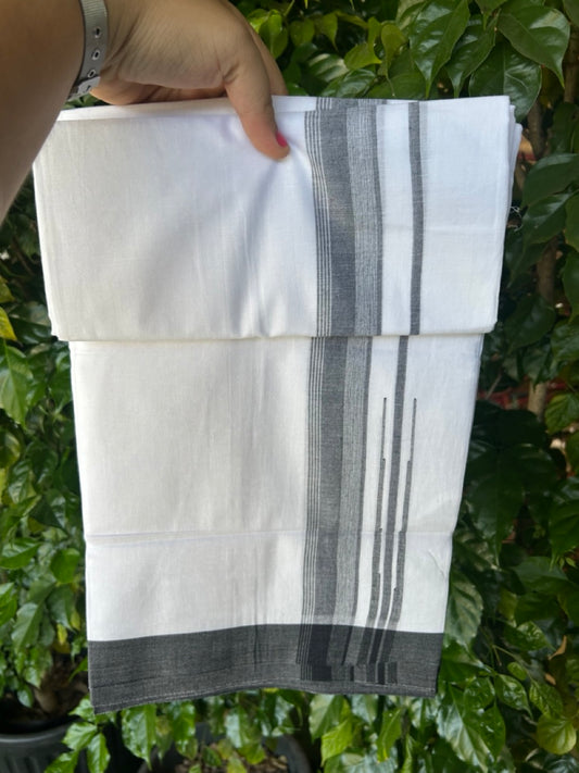 20% Discount!!! KaithariKada Balaramapuram  Double PURE WHITE Mundu/Dhoti - (80s) - 1.5 inch  puliyilakkara Black shaded Striped chutty Kara - 3.82 mtr ( 8 muzham)- 2KK5239 GAN