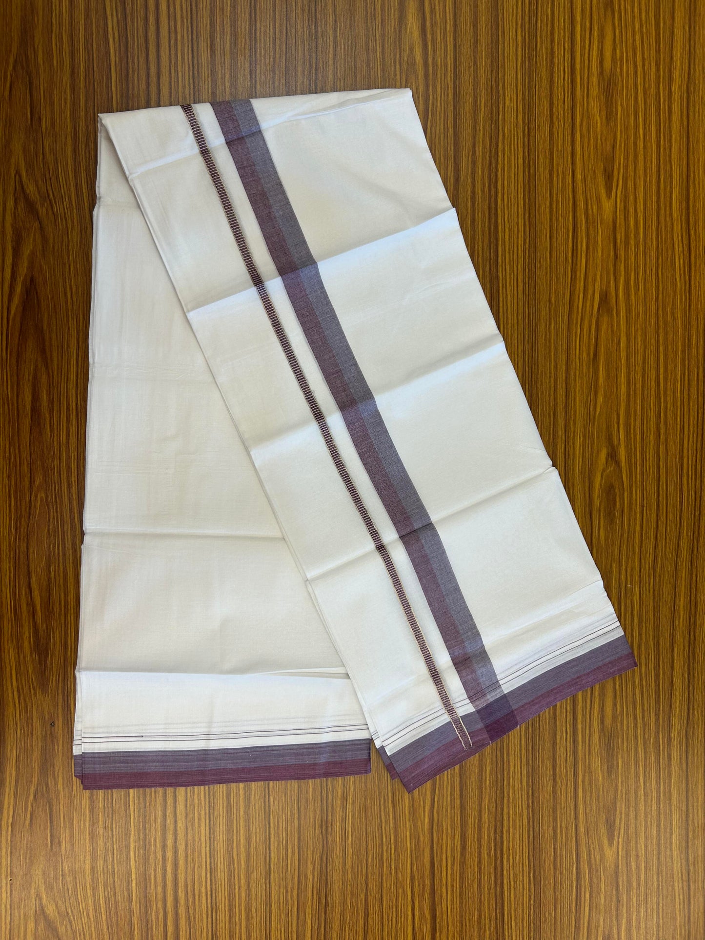 20% Discount ! KaithariKada Balaramapuram 100% Cotton Pure white Double Mundu/Dhoti - 100x80 - 1.25 inch Purple Ash & Dark Plum Shaded Kara with Silver Kasav 4 M (8.5 muzham) - 73 KK5363 VIN