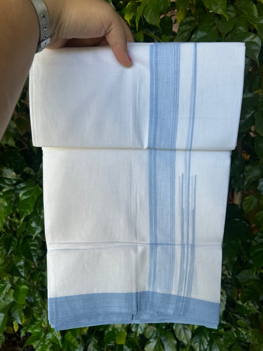 20% Discount!!! KaithariKada Balaramapuram  Double PURE WHITE Mundu/Dhoti - (80s) - 1.5 inch  puliyilakkara Light Sky Blue shaded Striped chutty Kara - 3.86 mtr ( 8 muzham)- 3KK5239 GAN