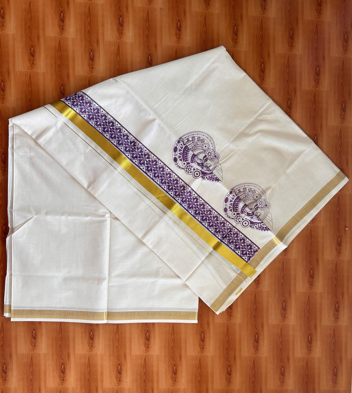 Double Off White (Unbleached) Mund/Dhoti - 20% Discount! KaithariKada Mixed Cotton - 60s - 3 inch Purple Gold Kasav Kathakali-Theyyam Printed Design Kara 4 mtr (8.5 Muzham) - 45 KK5520 PMC