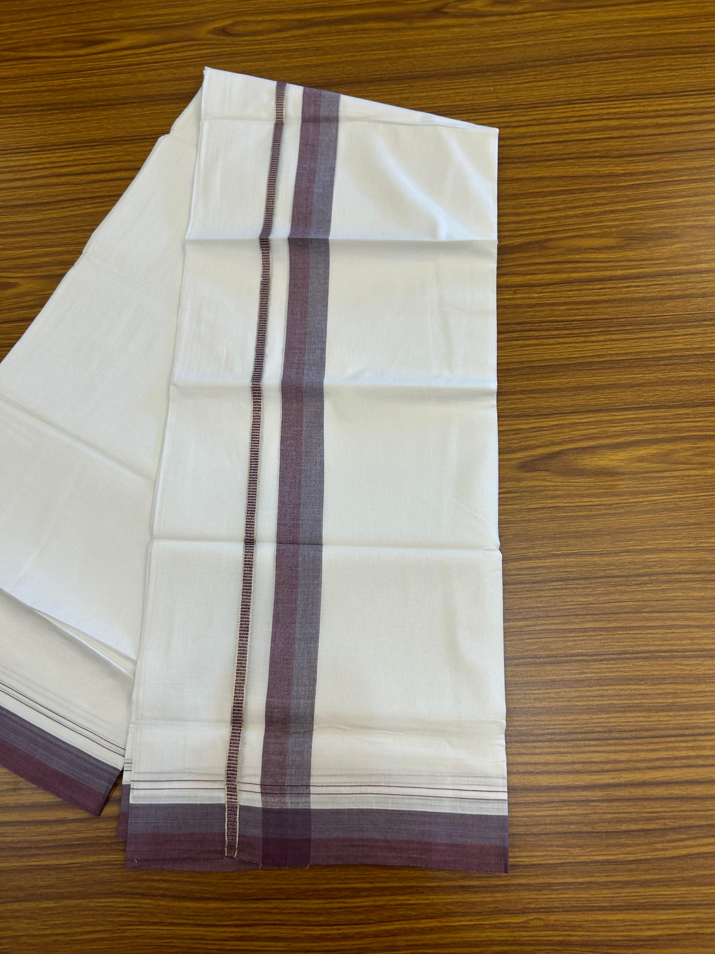 20% Discount ! KaithariKada Balaramapuram 100% Cotton Pure white Double Mundu/Dhoti - 100x80 - 1.25 inch Purple Ash & Dark Plum Shaded Kara with Silver Kasav 4 M (8.5 muzham) - 73 KK5363 VIN