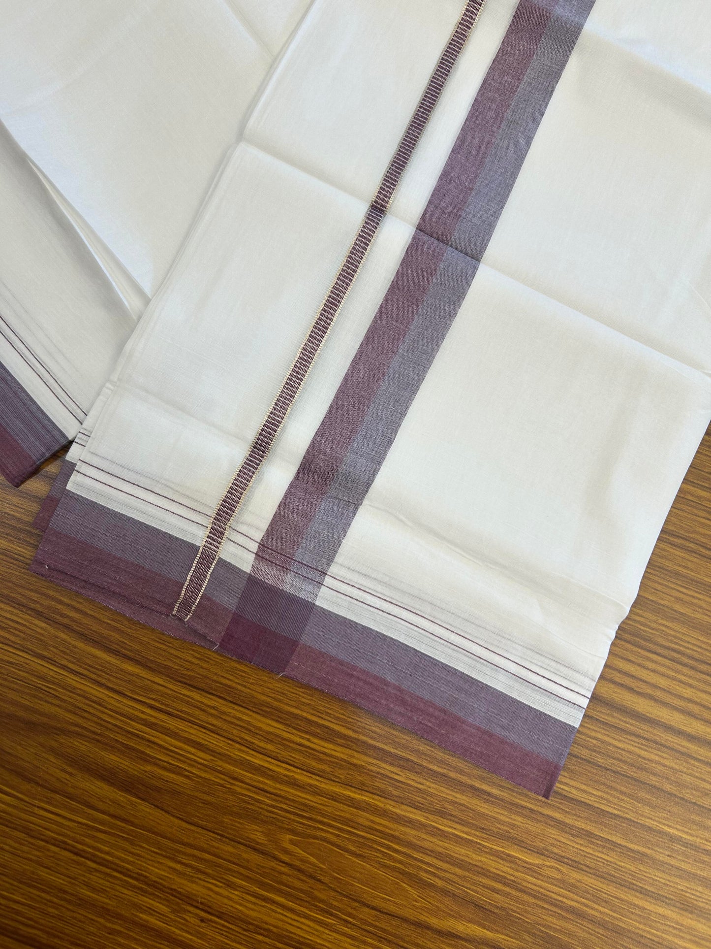 20% Discount ! KaithariKada Balaramapuram 100% Cotton Pure white Double Mundu/Dhoti - 100x80 - 1.25 inch Purple Ash & Dark Plum Shaded Kara with Silver Kasav 4 M (8.5 muzham) - 73 KK5363 VIN