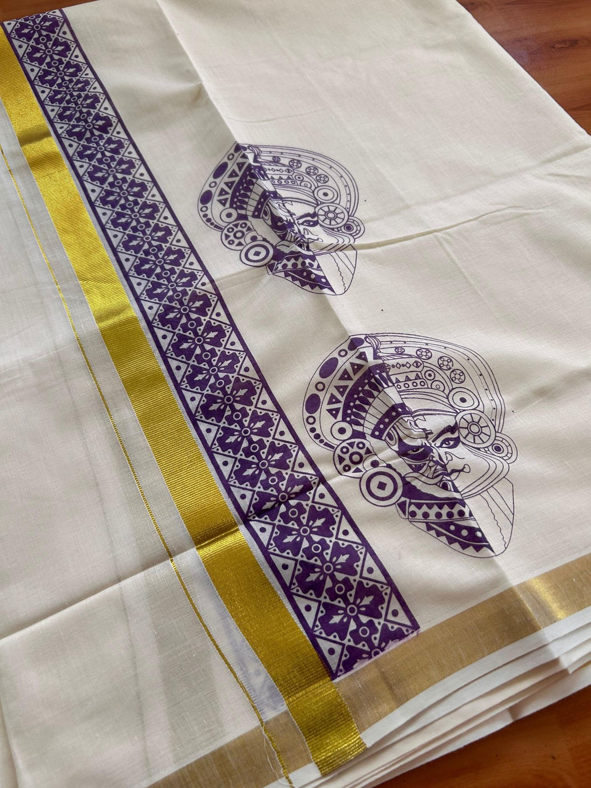 Double Off White (Unbleached) Mund/Dhoti - 20% Discount! KaithariKada Mixed Cotton - 60s - 3 inch Purple Gold Kasav Kathakali-Theyyam Printed Design Kara 4 mtr (8.5 Muzham) - 45 KK5520 PMC