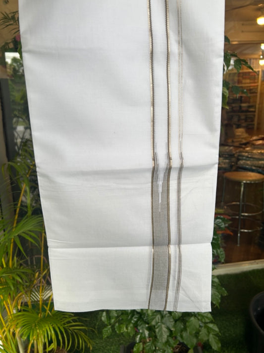 20% Discount ! Kaitharikada Balaramapuram 100% Cotton PURE WHITE Double Mundu/Dothi - 100x80 - 1 inch Silver Kasavu & Sage Green Striped chutty kara - 31KK5183VIN