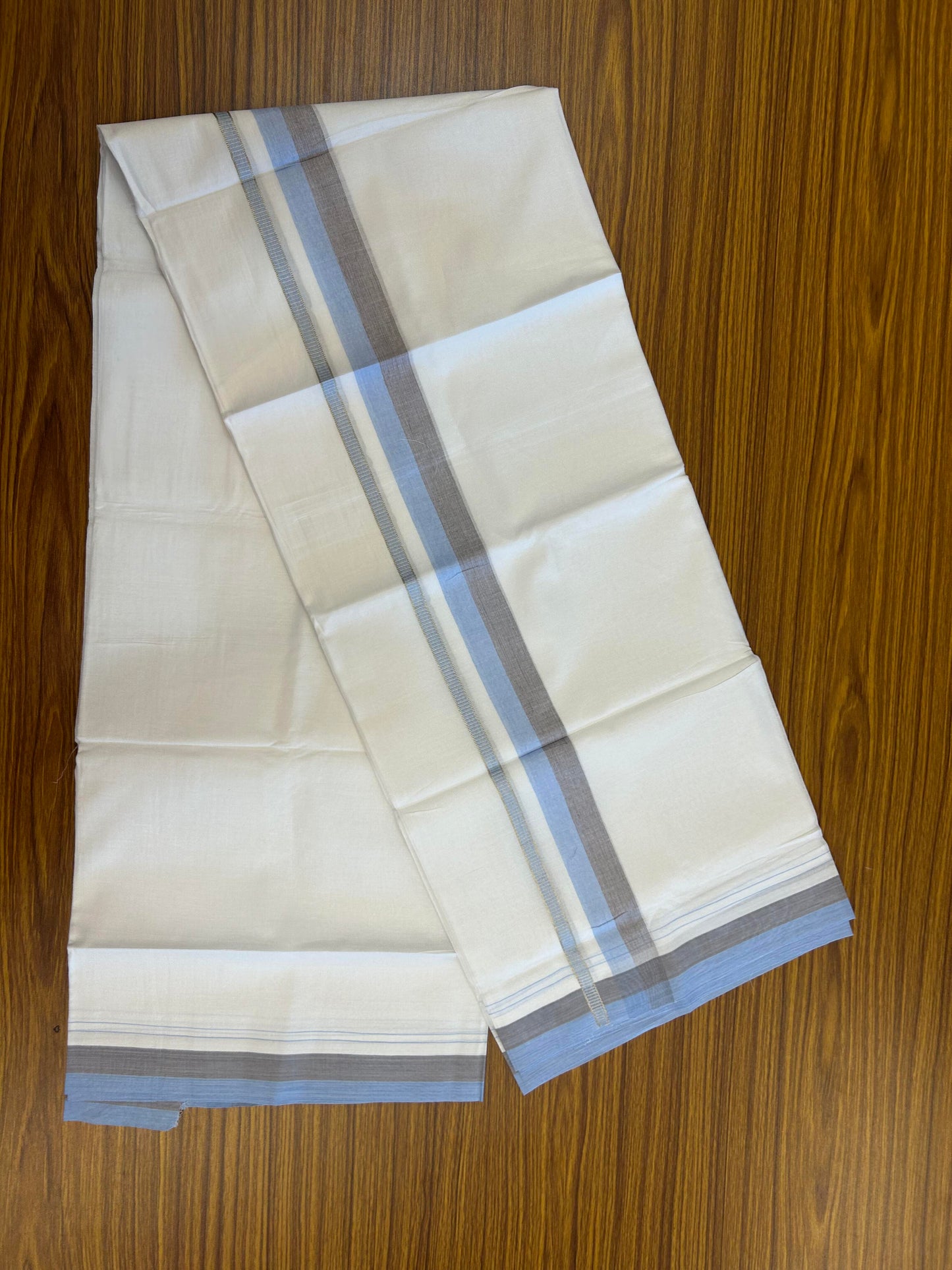 20% Discount ! KaithariKada Balaramapuram 100% Cotton Pure white Double Mundu/Dhoti - 100x80 - 1.25 inch Sky Blue & Brown Shaded Kara with Silver Kasav 4 M (8.5 muzham) - 74 KK5363 VIN