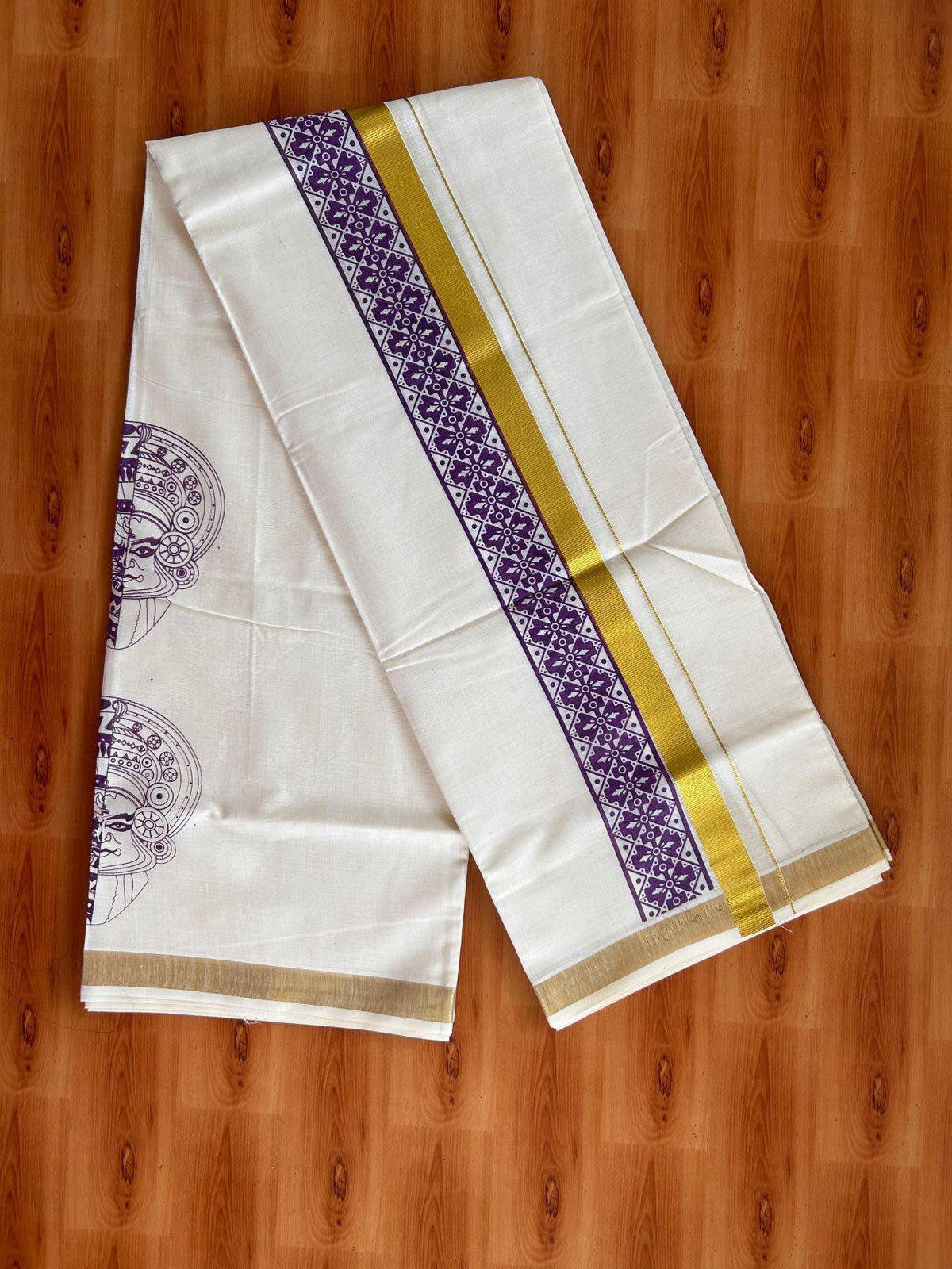 Double Off White (Unbleached) Mund/Dhoti - 20% Discount! KaithariKada Mixed Cotton - 60s - 3 inch Purple Gold Kasav Kathakali-Theyyam Printed Design Kara 4 mtr (8.5 Muzham) - 45 KK5520 PMC