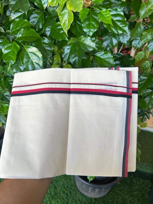 DMK Veshti - 30% DISCOUNT! KaithariKada 100% Cotton OFF WHITE Double - (Unbleached) Mundu/Dhoti - 100X80 - 0.5 inch Black & Maroon kara - 4 mtr (8.5 muzham)- 1KK5230 PMC