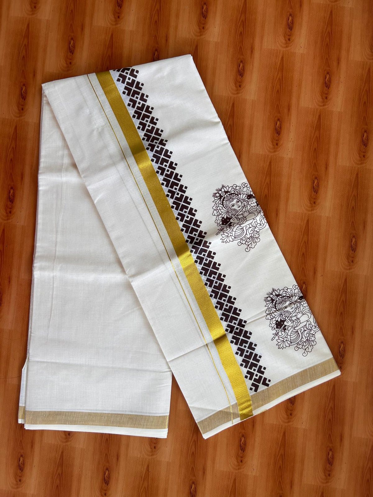 Double Off White (Unbleached) Mund/Dhoti - 20% Discount! KaithariKada Mixed Cotton - 60s - 2.5 inch Brown Gold Kasav Krishna Printed Design Kara 4 mtr (8.5 Muzham) - 46 KK5520 PMC