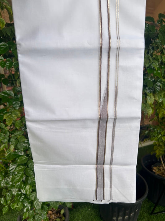 20% Discount ! Kaitharikada Balaramapuram 100% Cotton PURE WHITE Double Mundu/Dothi - 100x80 - 0.75 inch Silver Kasavu & Brown Side Striped chutty kara - 30KK5183VIN