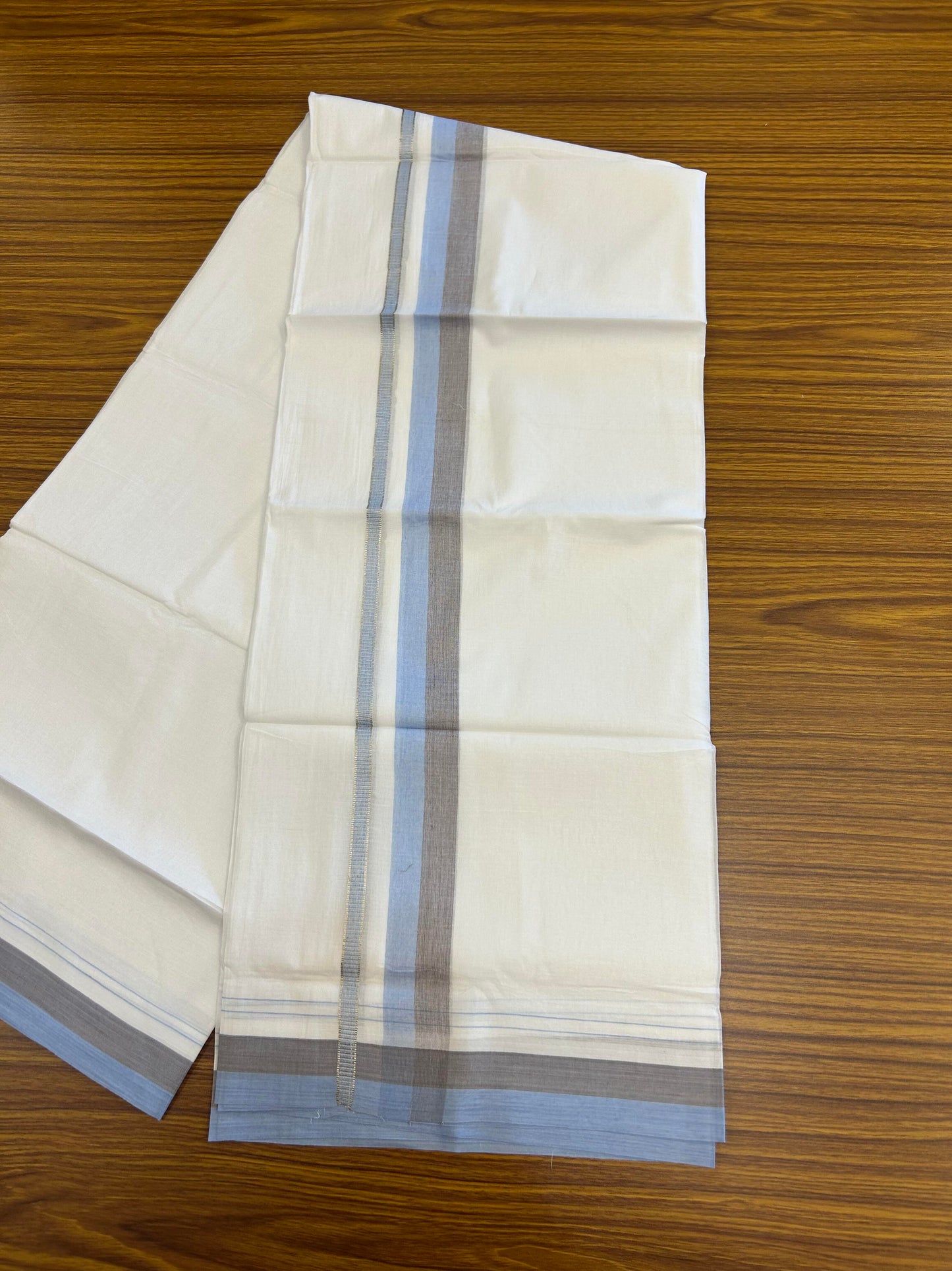 20% Discount ! KaithariKada Balaramapuram 100% Cotton Pure white Double Mundu/Dhoti - 100x80 - 1.25 inch Sky Blue & Brown Shaded Kara with Silver Kasav 4 M (8.5 muzham) - 74 KK5363 VIN