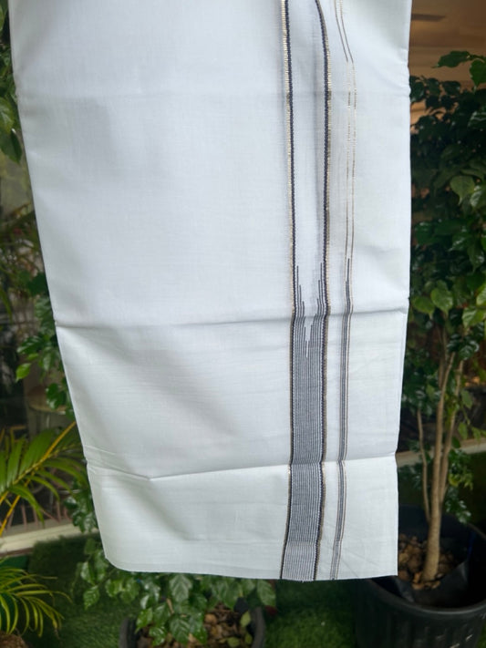 20% Discount ! Kaitharikada Balaramapuram 100% Cotton PURE WHITE Double Mundu/Dothi - 100x80 - 1 inch Silver Kasavu & Navy Blue Striped chutty kara- 29KK5183VIN