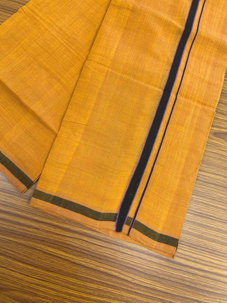 Handloom Single Hallmarked - 10% Discount !! KaithariKada 100% Pure Cotton - Mundu/Dhoti 0.5 inch Black & Violet Kara with Kavi colour Body - (2 meter / 4 muzham) - 27 KK8032 ELA