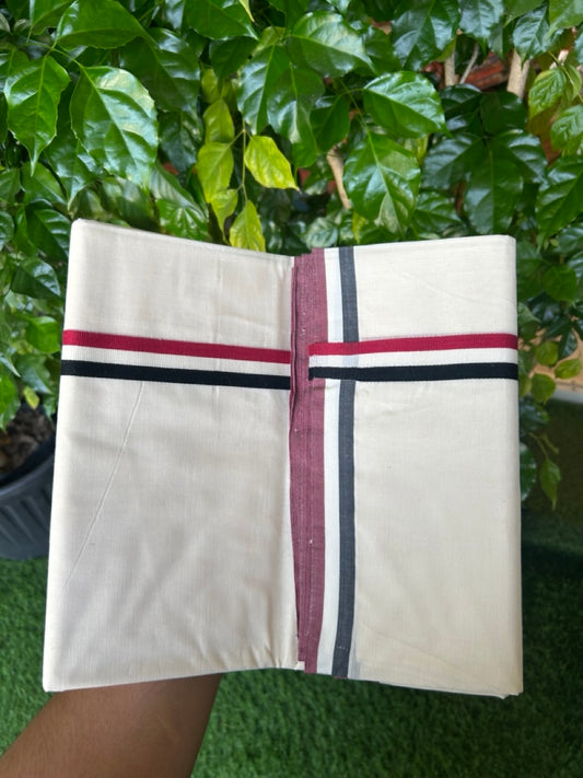 ADMK VESHTI - 20% DISCOUNT! KaithariKada 100% Cotton off white Double - (Unbleached) Mundu/Dhoti - 100X100 - 1 inch Black White & Maroon Red kara - 18KK5226 ASH