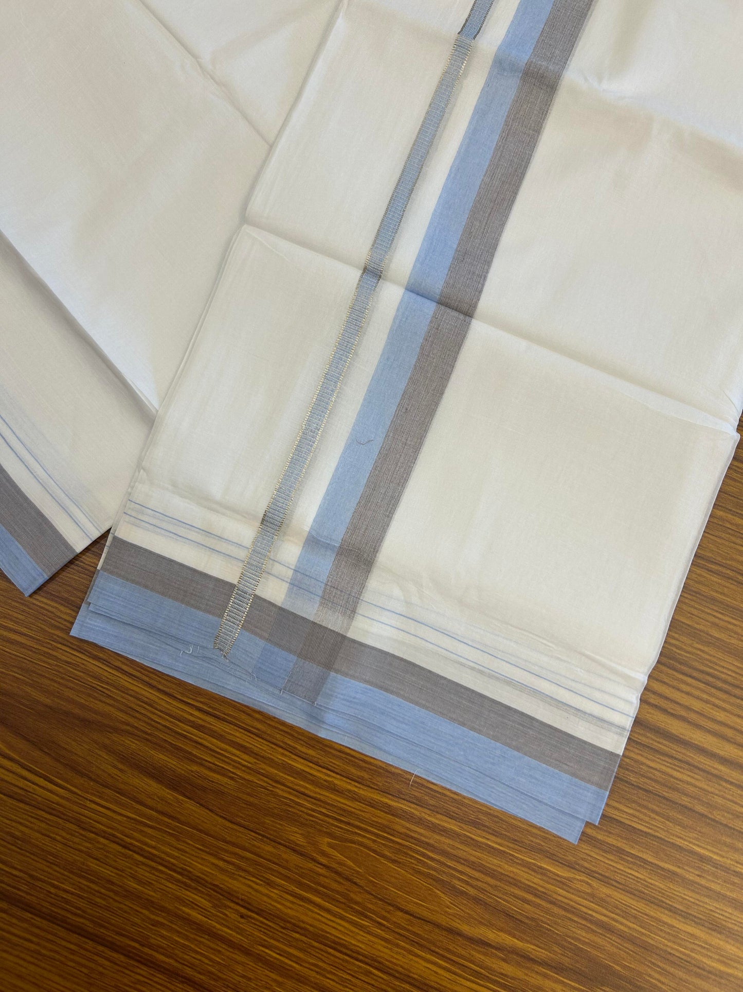 20% Discount ! KaithariKada Balaramapuram 100% Cotton Pure white Double Mundu/Dhoti - 100x80 - 1.25 inch Sky Blue & Brown Shaded Kara with Silver Kasav 4 M (8.5 muzham) - 74 KK5363 VIN