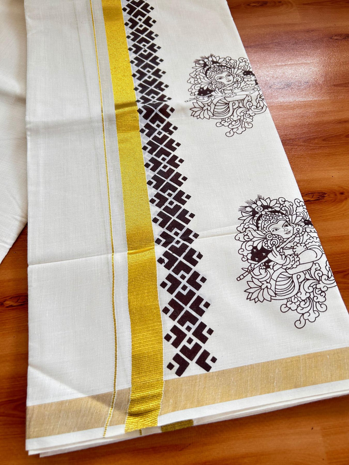 Double Off White (Unbleached) Mund/Dhoti - 20% Discount! KaithariKada Mixed Cotton - 60s - 2.5 inch Brown Gold Kasav Krishna Printed Design Kara 4 mtr (8.5 Muzham) - 46 KK5520 PMC