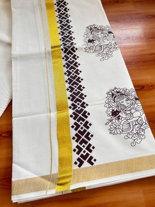 Double Off White (Unbleached) Mund/Dhoti - 20% Discount! KaithariKada Mixed Cotton - 60s - 2.5 inch Brown Gold Kasav Krishna Printed Design Kara 4 mtr (8.5 Muzham) - 46 KK5520 PMC