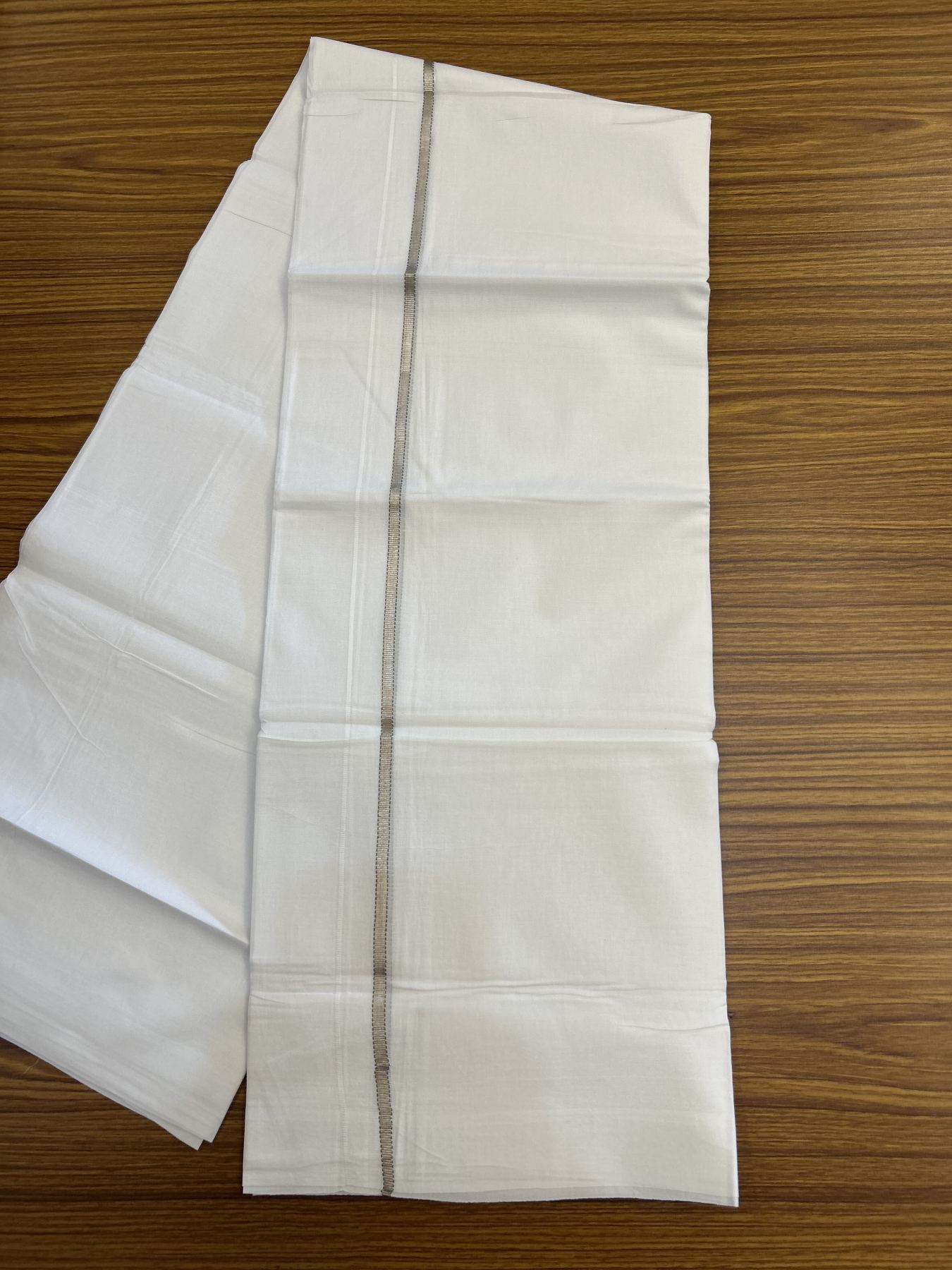 20% Discount! KaithariKada Balaramapuram 100% Cotton Double Pure white Mundu/Dhoti- 100X80 - 0.75 inch Puliyilakkara Silver Kasav & Light Olive Green Striped One Side Chutty Kara - 4 mtr ( 8.5 muzham) - 78 KK5341 VIN