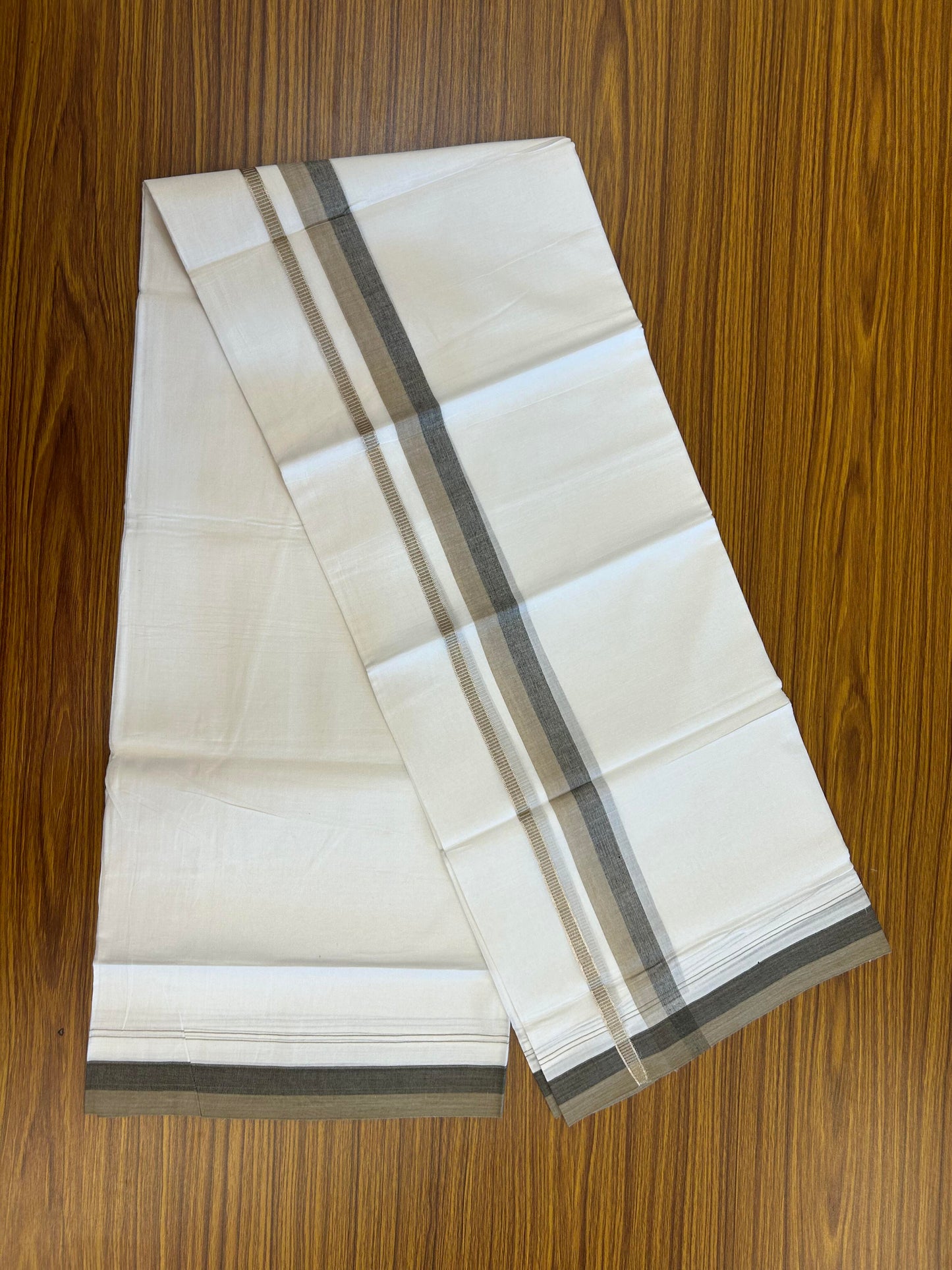 20% Discount ! KaithariKada Balaramapuram 100% Cotton Pure white Double Mundu/Dhoti - 100x80 - 1.25 inch Peanut Brown & Black Shaded Kara with Silver Kasav 4 M (8.5 muzham) - 75 KK5363 VIN