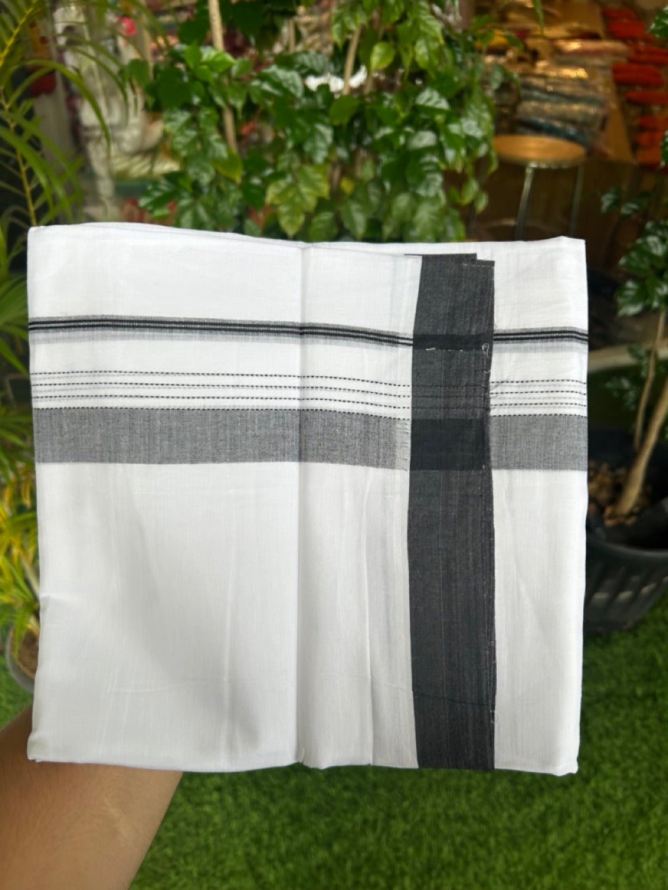 20% Discount ! Kaitharikada Balaramapuram 100% Cotton PURE WHITE Double Mundu/Dothi - 100x80 - 1.5 inch Black Shaded Striped Kara - 20KK5183VIN
