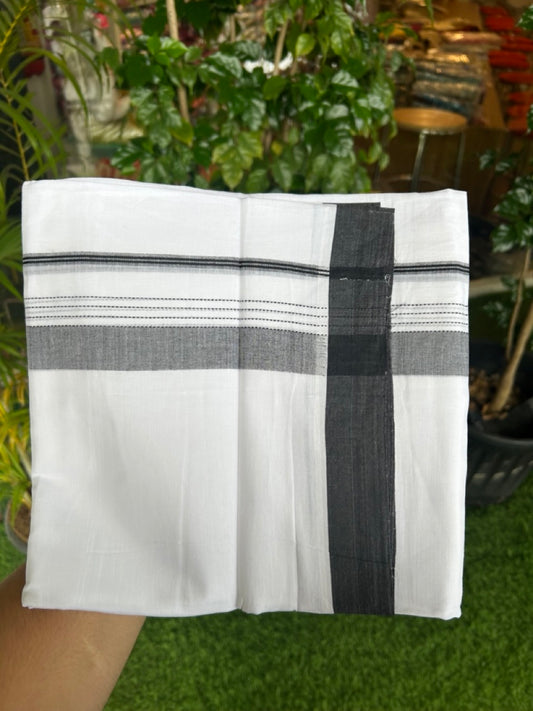 20% Discount ! Kaitharikada Balaramapuram 100% Cotton PURE WHITE Double Mundu/Dothi - 100x80 - 1.5 inch Black Shaded Striped Kara - 20KK5183VIN