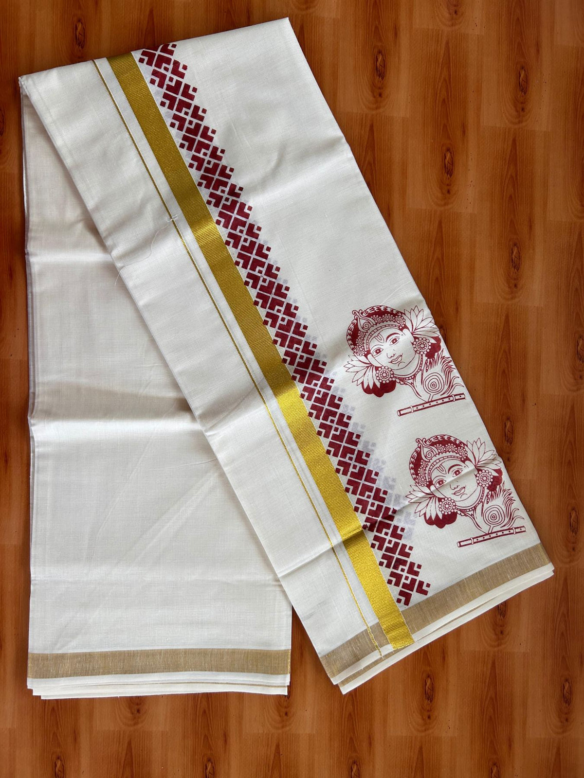 Double Off White (Unbleached) Mund/Dhoti - 20% Discount! KaithariKada Mixed Cotton - 60s - 2.25 inch Maroon Gold Kasav Krishna Printed Design Kara 4 mtr (8.5 Muzham) - 47 KK5520 PMC