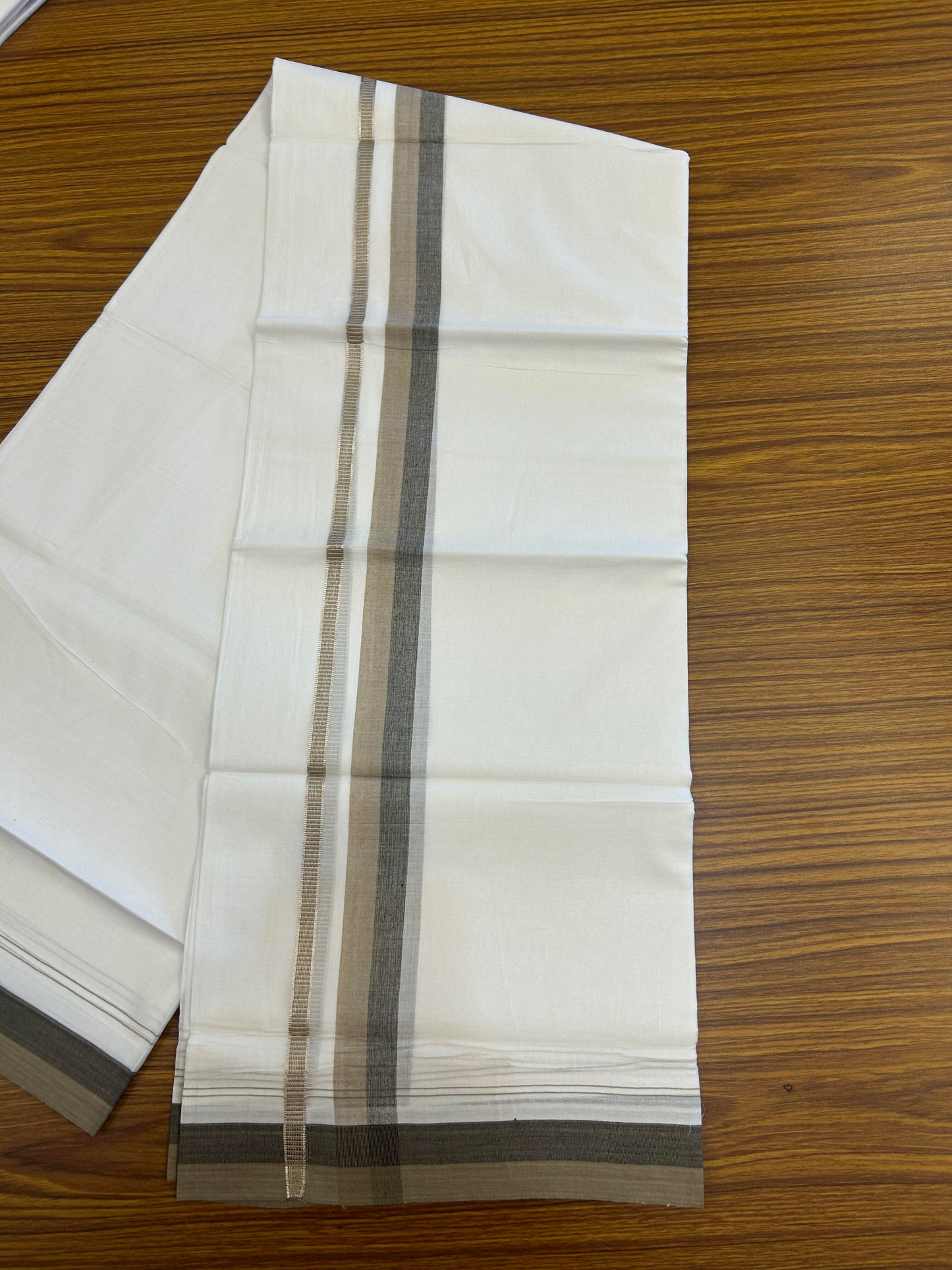 20% Discount ! KaithariKada Balaramapuram 100% Cotton Pure white Double Mundu/Dhoti - 100x80 - 1.25 inch Peanut Brown & Black Shaded Kara with Silver Kasav 4 M (8.5 muzham) - 75 KK5363 VIN
