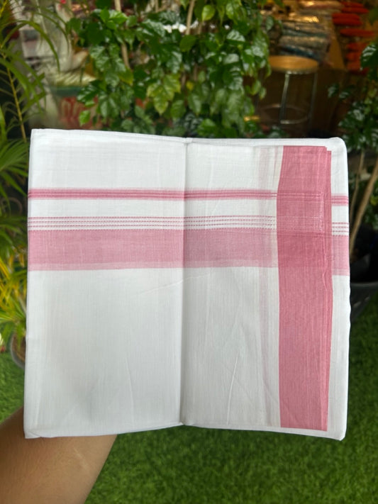 20% Discount ! Kaitharikada Balaramapuram 100% Cotton PURE WHITE Double Mundu/Dothi - 100x80 - 1.75 inch Baby Pink Shaded Striped Kara - 24KK5183VIN