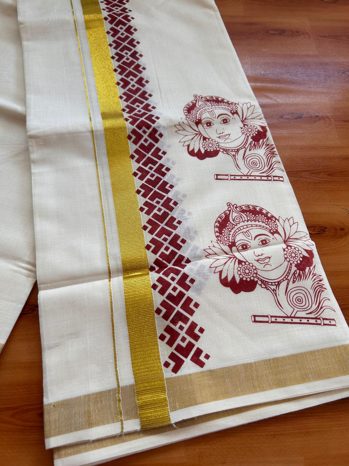 Double Off White (Unbleached) Mund/Dhoti - 20% Discount! KaithariKada Mixed Cotton - 60s - 2.25 inch Maroon Gold Kasav Krishna Printed Design Kara 4 mtr (8.5 Muzham) - 47 KK5520 PMC
