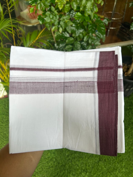 20% Discount ! Kaitharikada Balaramapuram 100% Cotton PURE WHITE Double Mundu/Dothi - 100x80 - 1.5 inch Wine Purple Shaded Striped Kara - 22KK5183VIN