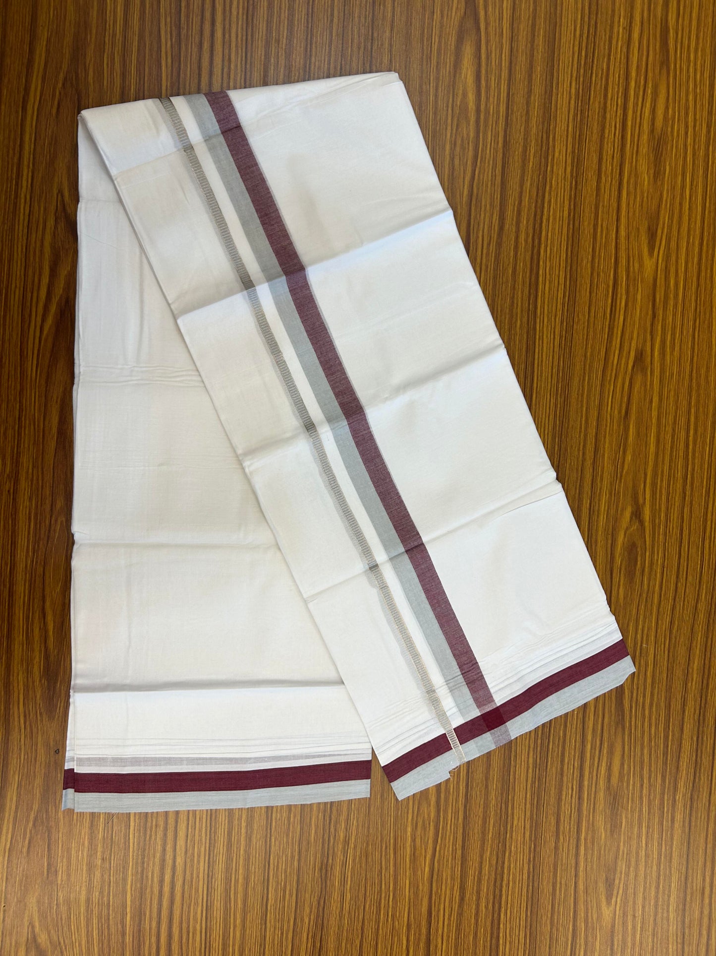 20% Discount ! KaithariKada Balaramapuram 100% Cotton Pure white Double Mundu/Dhoti - 100x80 - 1.25 inch Ash Grey & Maroon Shaded Kara with Silver Kasav 4 M (8.5 muzham) - 76 KK5363 VIN