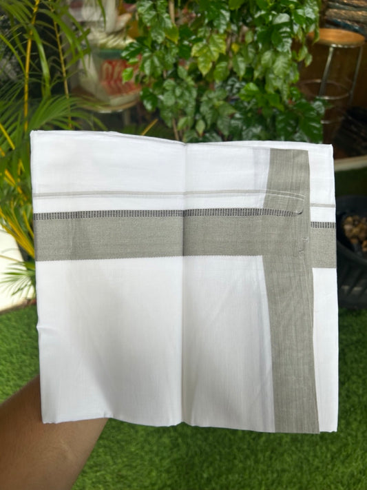 20% Discount ! Kaitharikada Balaramapuram 100% Cotton PURE WHITE Double Mundu/Dothi - 100x80 - 1.5 inch Sage grey & Black Side Striped Kara - 25KK5183VIN