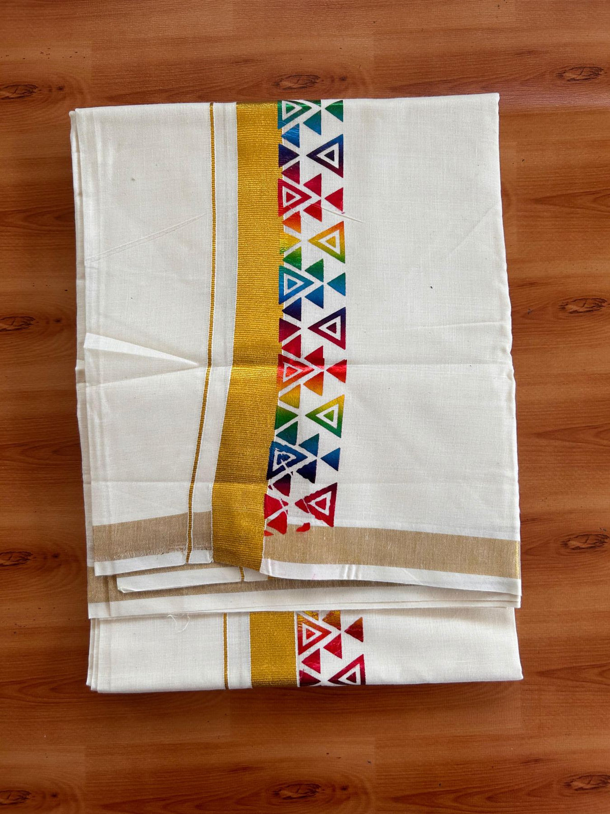 Double Off White (Unbleached) Mund/Dhoti - 20% Discount! KaithariKada Mixed Cotton - 60s - 2.5 inch Multi Colour Gold Kasav Printed Design Kara 4 mtr (8.5 Muzham) - 48 KK5520 PMC