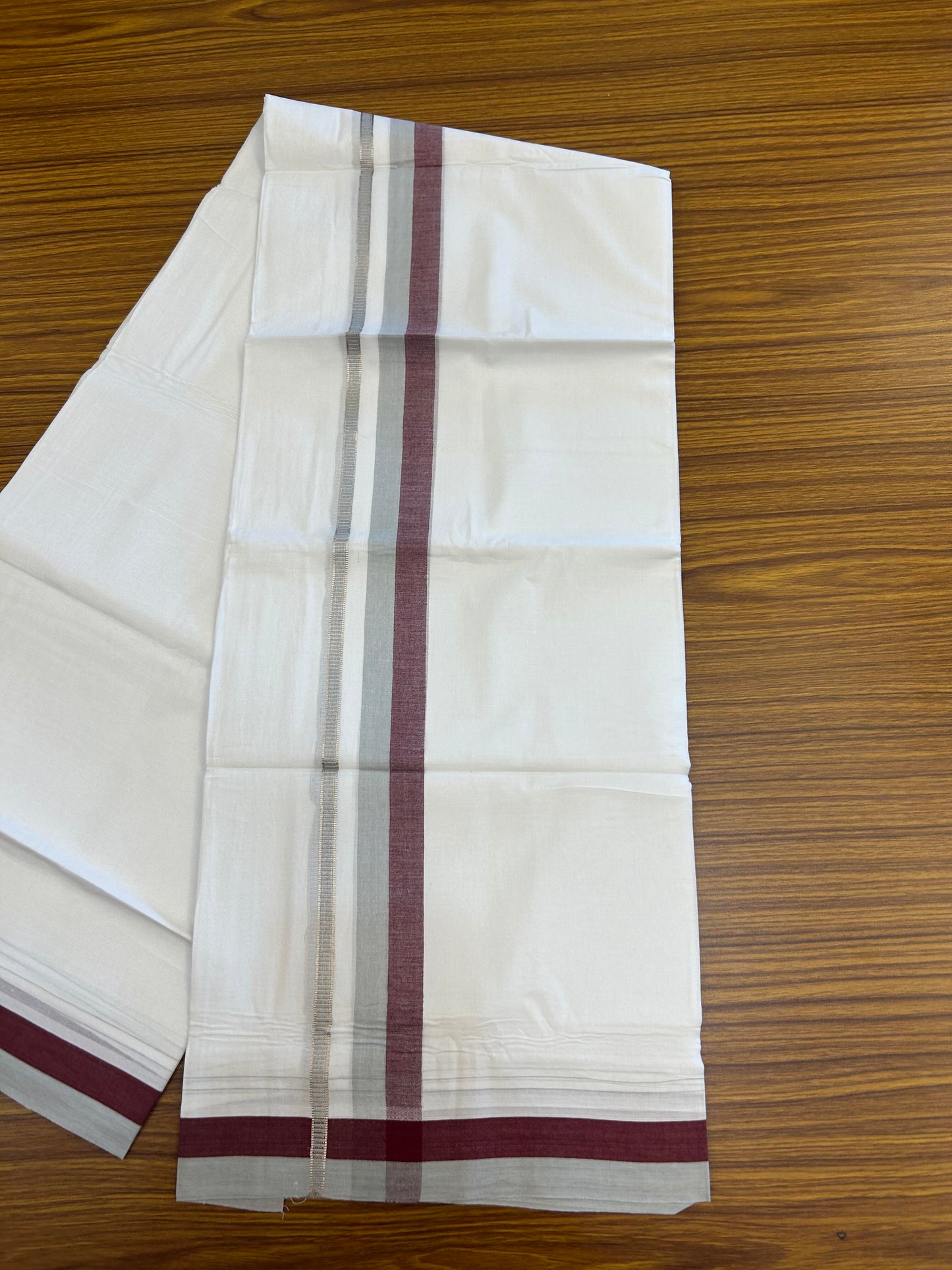 20% Discount ! KaithariKada Balaramapuram 100% Cotton Pure white Double Mundu/Dhoti - 100x80 - 1.25 inch Ash Grey & Maroon Shaded Kara with Silver Kasav 4 M (8.5 muzham) - 76 KK5363 VIN
