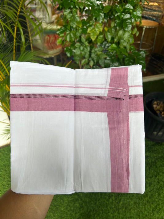 20% Discount ! Kaitharikada Balaramapuram 100% Cotton PURE WHITE Double Mundu/Dothi - 100x80 - 1.25 inch Dusty Rose & Black Side Striped Kara - 27KK5183VIN