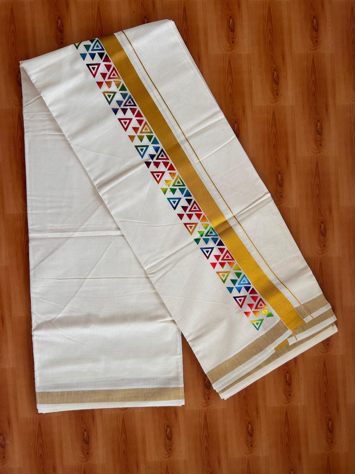 Double Off White (Unbleached) Mund/Dhoti - 20% Discount! KaithariKada Mixed Cotton - 60s - 2.5 inch Multi Colour Gold Kasav Printed Design Kara 4 mtr (8.5 Muzham) - 48 KK5520 PMC