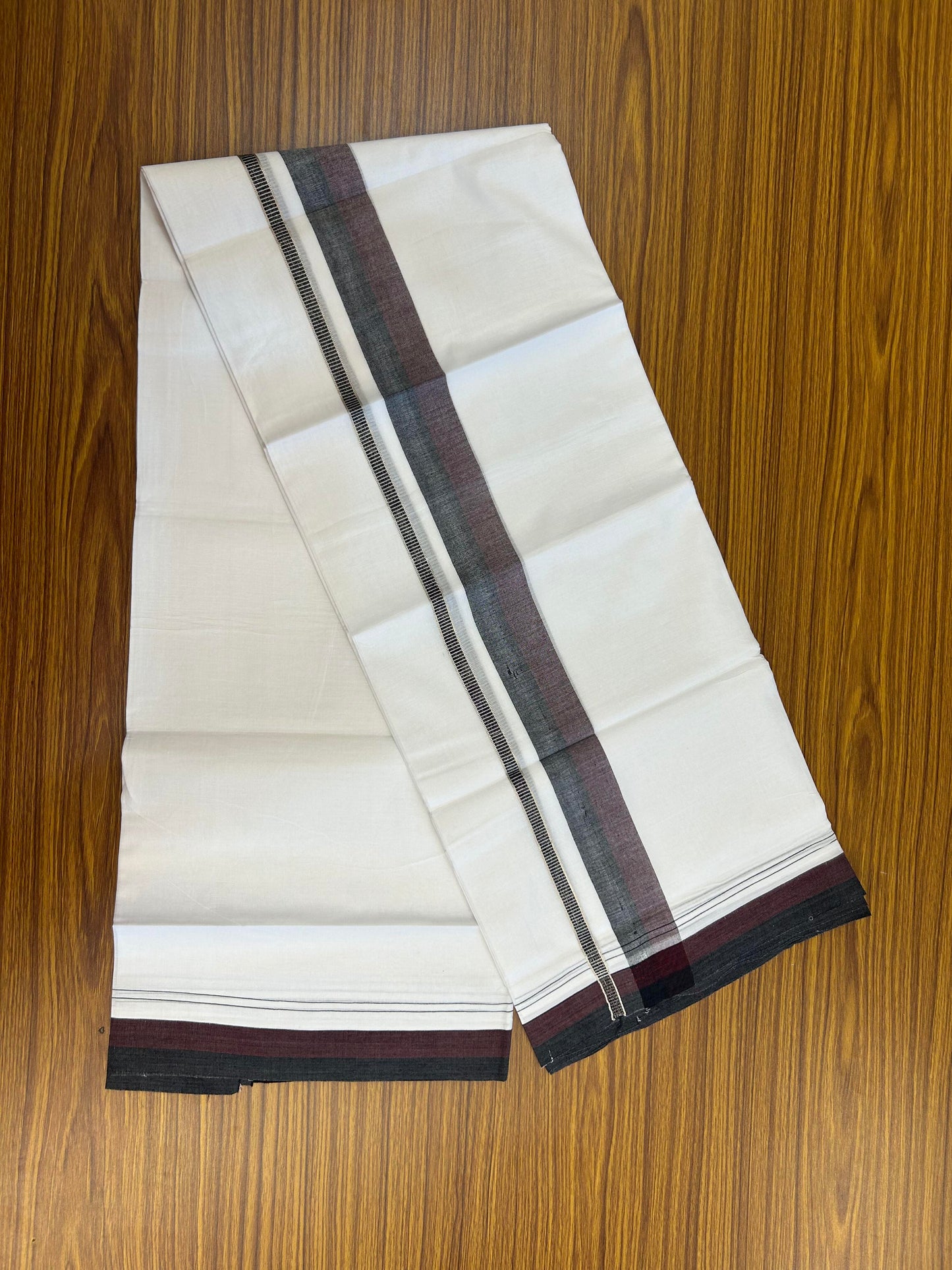 20% Discount ! KaithariKada Balaramapuram 100% Cotton Pure white Double Mundu/Dhoti - 100x80 - 1.5 inch Black & Maroon Shaded Kara with Silver Kasav 4 M (8.5 muzham) - 77 KK5363 VIN