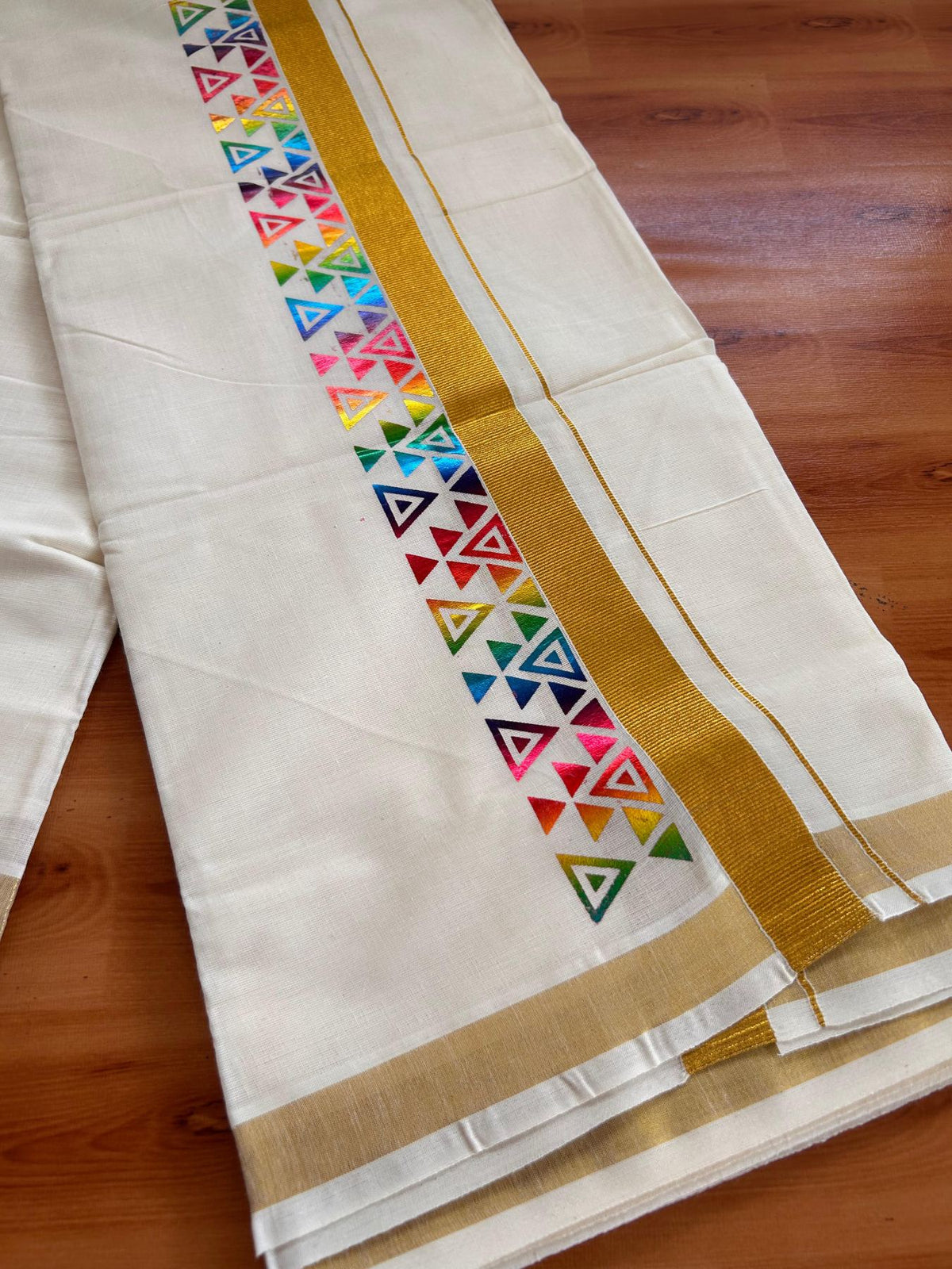 Double Off White (Unbleached) Mund/Dhoti - 20% Discount! KaithariKada Mixed Cotton - 60s - 2.5 inch Multi Colour Gold Kasav Printed Design Kara 4 mtr (8.5 Muzham) - 48 KK5520 PMC
