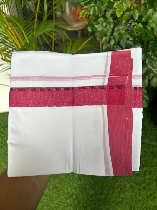 20% Discount ! Kaitharikada Balaramapuram 100% Cotton PURE WHITE Double Mundu/Dothi - 100x80 - 1.5 inch Bright Maroon & Black Side Striped Kara - 28KK5183VIN