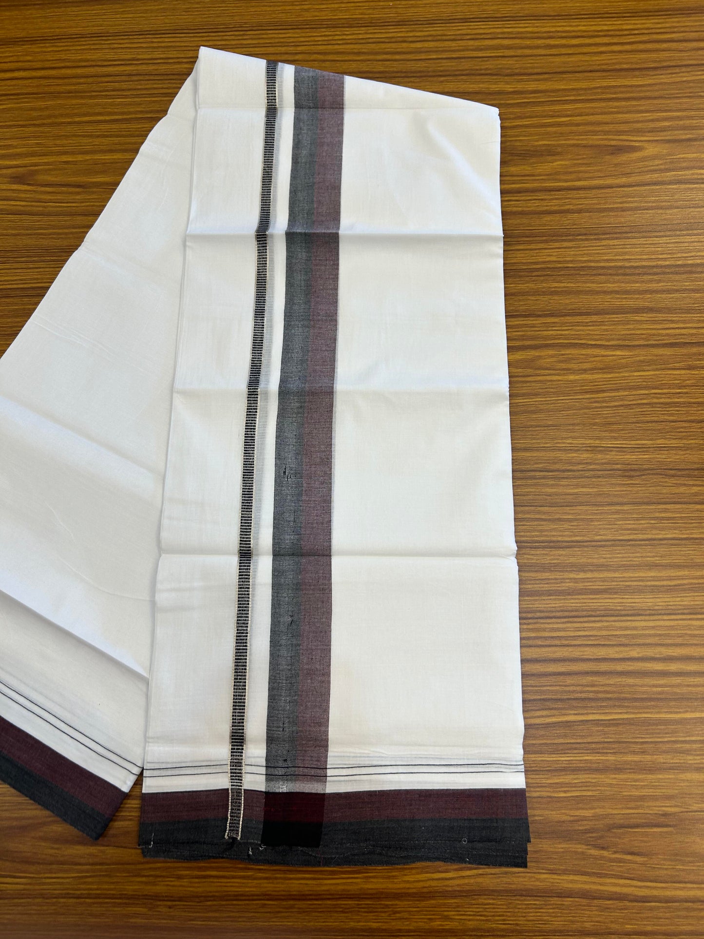 20% Discount ! KaithariKada Balaramapuram 100% Cotton Pure white Double Mundu/Dhoti - 100x80 - 1.5 inch Black & Maroon Shaded Kara with Silver Kasav 4 M (8.5 muzham) - 77 KK5363 VIN