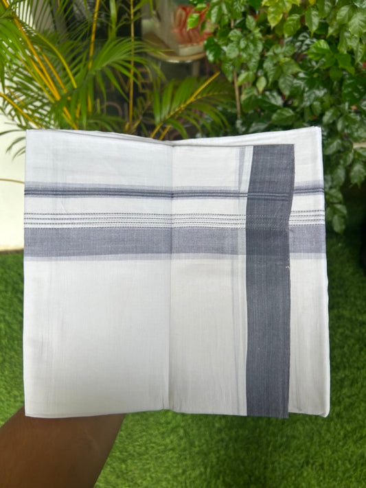 20% Discount ! Kaitharikada Balaramapuram 100% Cotton PURE WHITE Double Mundu/Dothi - 100x80 - 1.5 inch Purple Ash Shaded Striped Kara - 21KK5183VIN