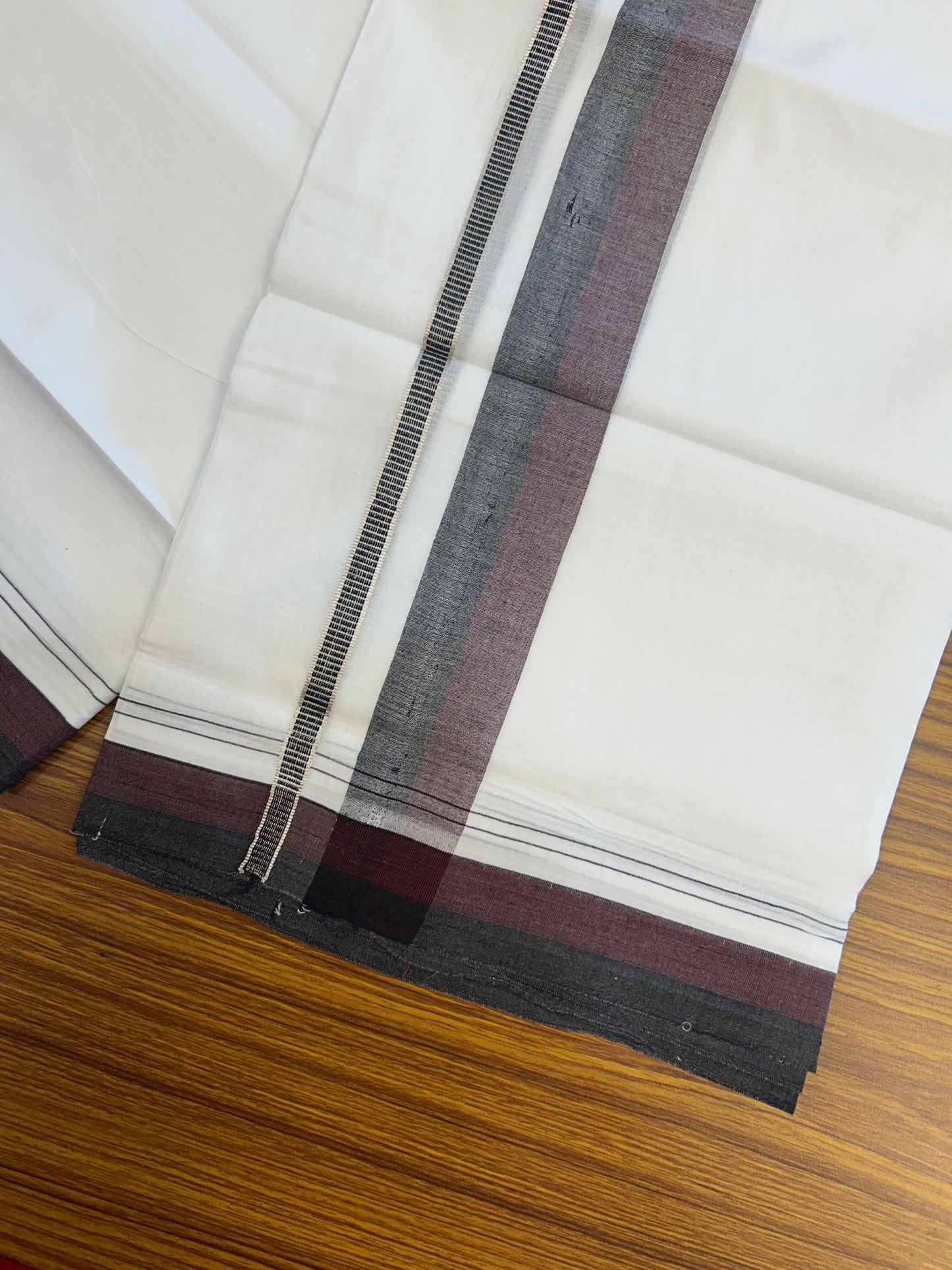 20% Discount ! KaithariKada Balaramapuram 100% Cotton Pure white Double Mundu/Dhoti - 100x80 - 1.5 inch Black & Maroon Shaded Kara with Silver Kasav 4 M (8.5 muzham) - 77 KK5363 VIN