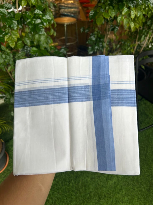 20% Discount ! Kaitharikada Balaramapuram 100% Cotton PURE WHITE Double Mundu/Dothi - 100x80 - 1.5 inch Light Blue & Deep Blue Striped Kara - 9KK5183VIN