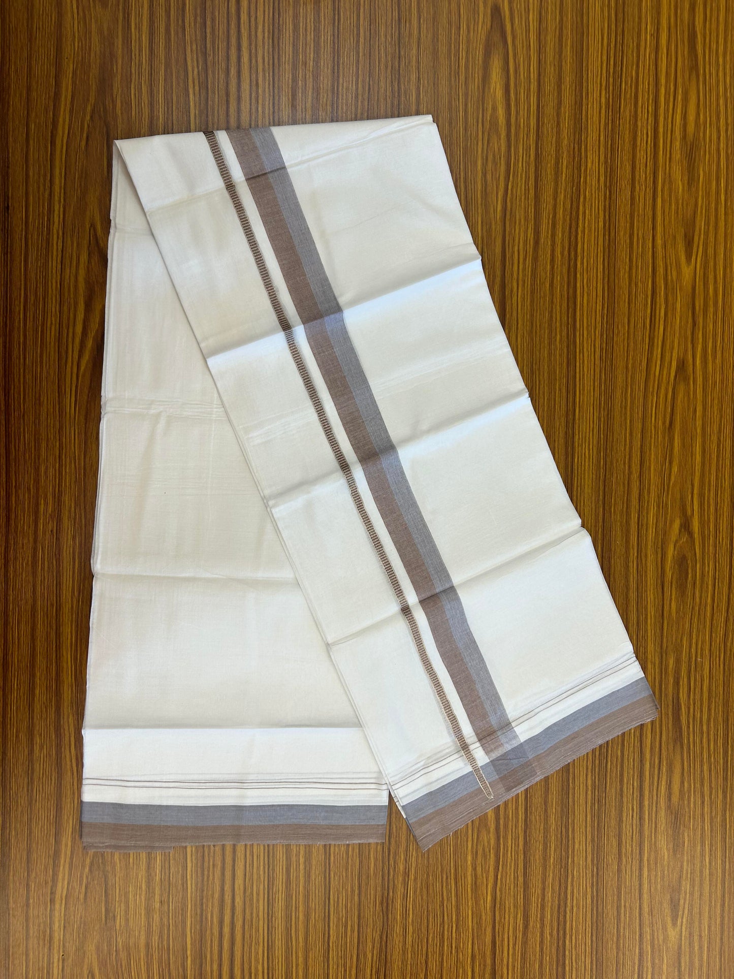 20% Discount ! KaithariKada Balaramapuram 100% Cotton Pure white Double Mundu/Dhoti - 100x80 - 1.25 inch Ash Blue & Beaver Brown Shaded Kara with Silver Kasav 4 M (8.5 muzham) - 78 KK5363 VIN