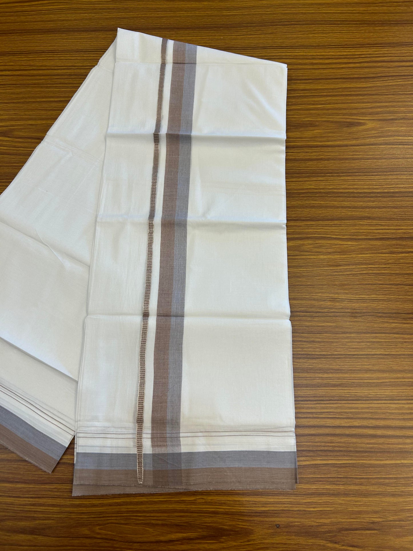 20% Discount ! KaithariKada Balaramapuram 100% Cotton Pure white Double Mundu/Dhoti - 100x80 - 1.25 inch Ash Blue & Beaver Brown Shaded Kara with Silver Kasav 4 M (8.5 muzham) - 78 KK5363 VIN