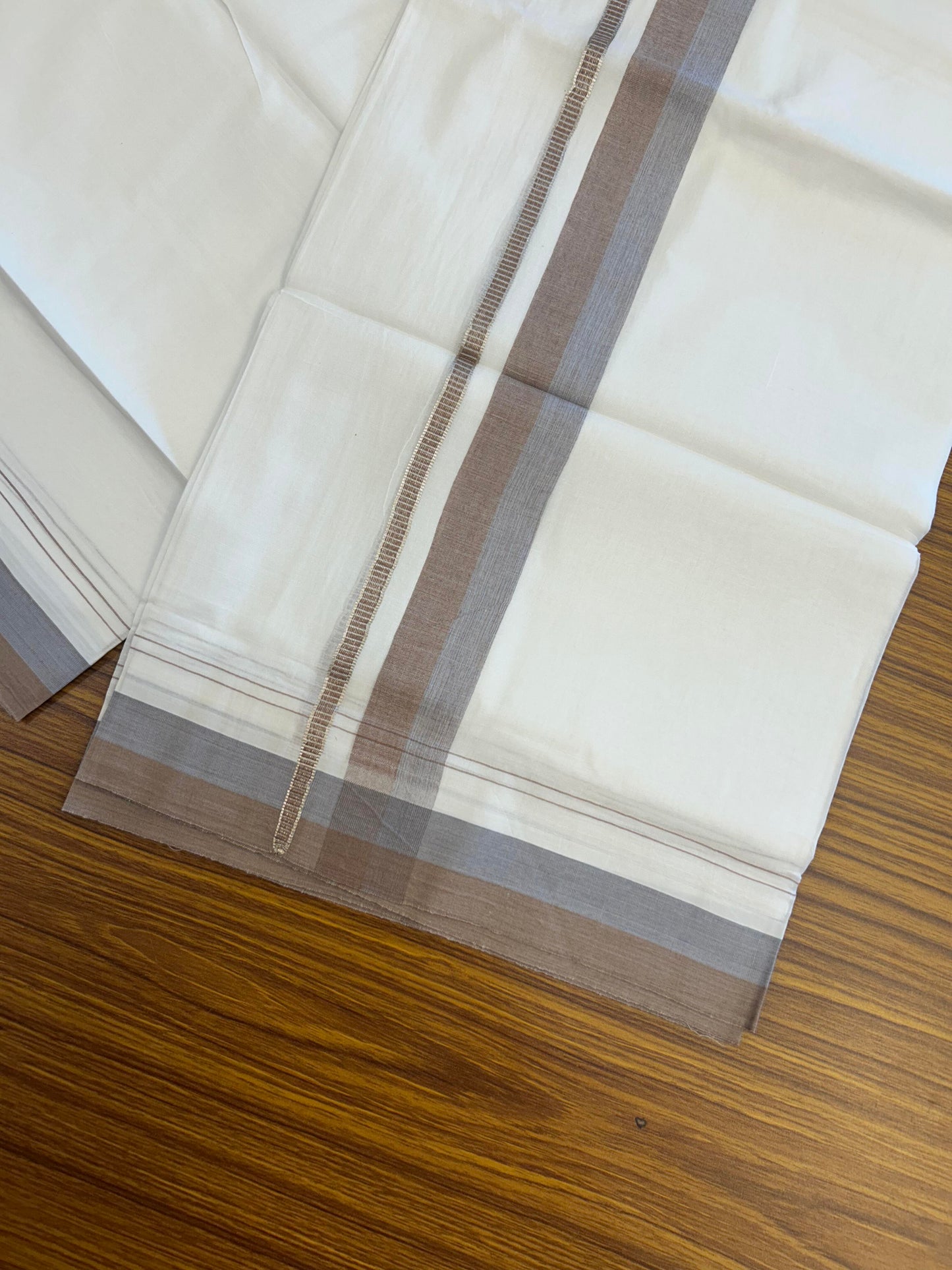 20% Discount ! KaithariKada Balaramapuram 100% Cotton Pure white Double Mundu/Dhoti - 100x80 - 1.25 inch Ash Blue & Beaver Brown Shaded Kara with Silver Kasav 4 M (8.5 muzham) - 78 KK5363 VIN