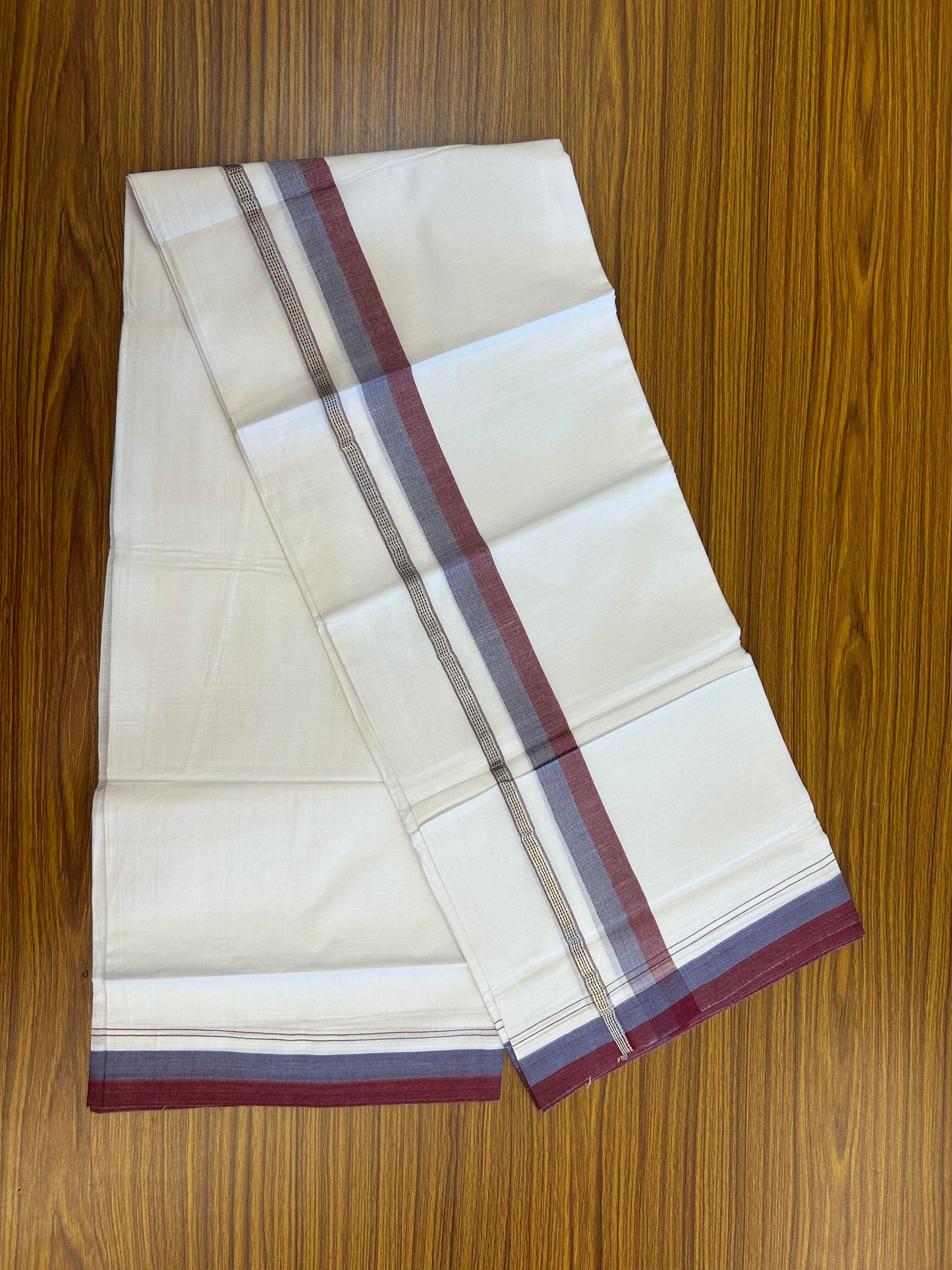 20% Discount ! KaithariKada Balaramapuram 100% Cotton Pure white Double Mundu/Dhoti - 100x80 - 1.25 inch Blue & Light Maroon Shaded Kara with Silver Kasav 4 M (8.5 muzham) - 79 KK5363 VIN