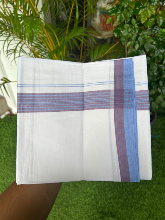 20% Discount ! Kaitharikada Balaramapuram 100% Cotton PURE WHITE Double Mundu/Dothi - 100x80 - 1.5 inch Light Blue & Purple Striped Kara - 10KK5183VIN