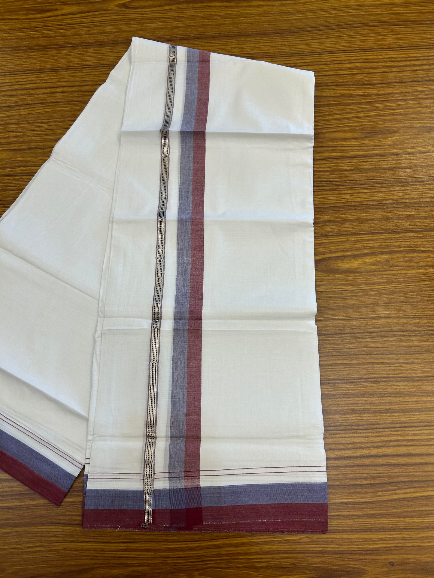 20% Discount ! KaithariKada Balaramapuram 100% Cotton Pure white Double Mundu/Dhoti - 100x80 - 1.25 inch Blue & Light Maroon Shaded Kara with Silver Kasav 4 M (8.5 muzham) - 79 KK5363 VIN